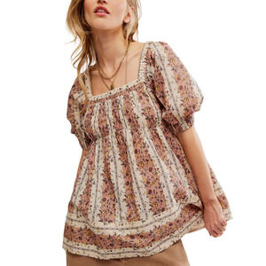 Free People Vintage Lover Blouse Relaxed Cotton Babydoll Cottage Floral M NWT
